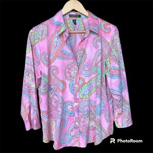Ralph Lauren pink paisley button down 3/4 sleeve shirt size large cotton
